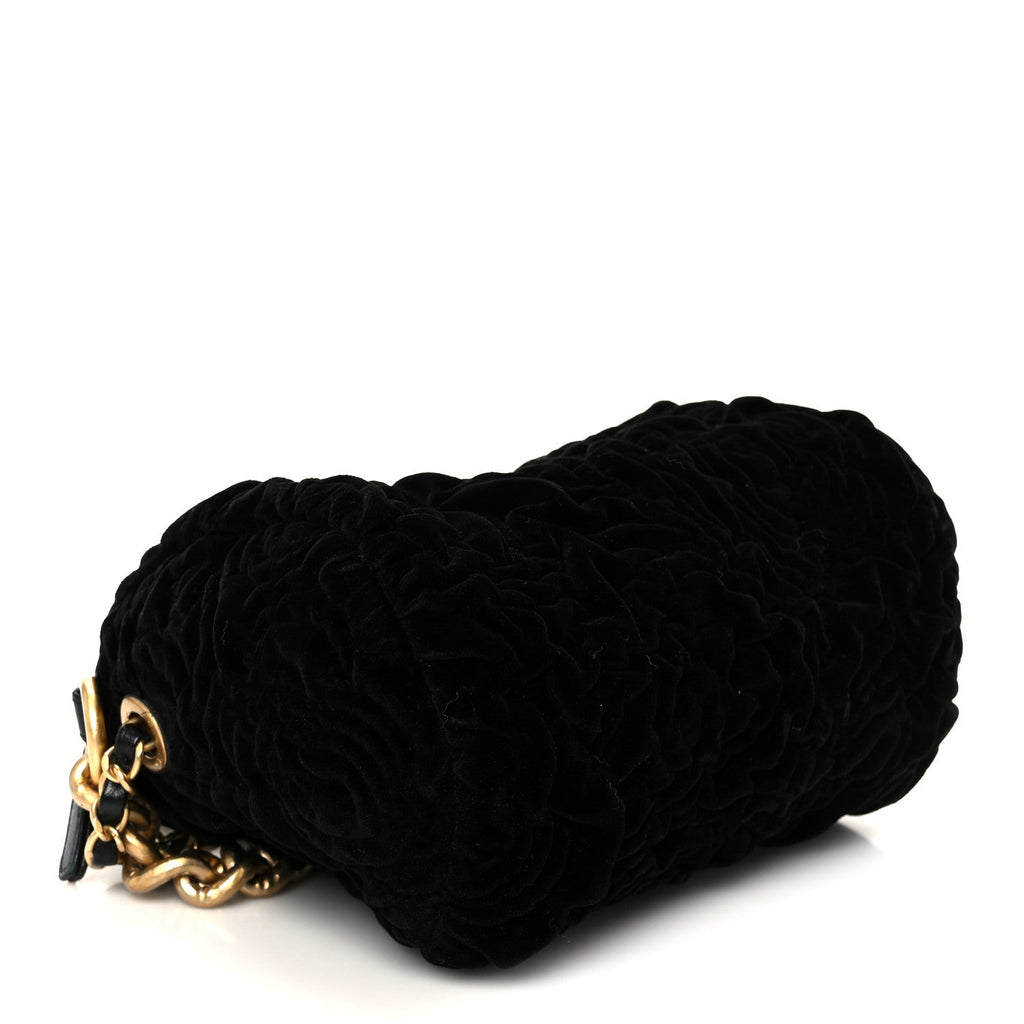 Chanel Velvet Camellia Embossed Barrel Clutch With Chain  Black