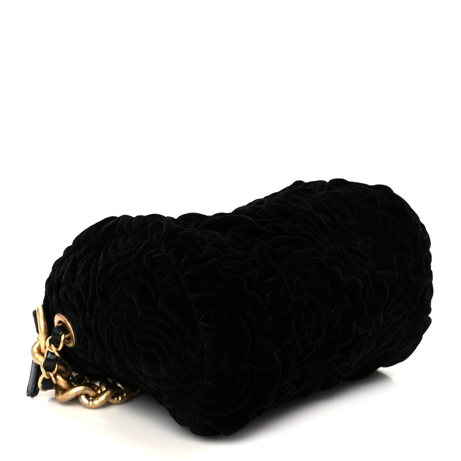 Chanel Velvet Camellia Embossed Barrel Clutch With Chain  Black