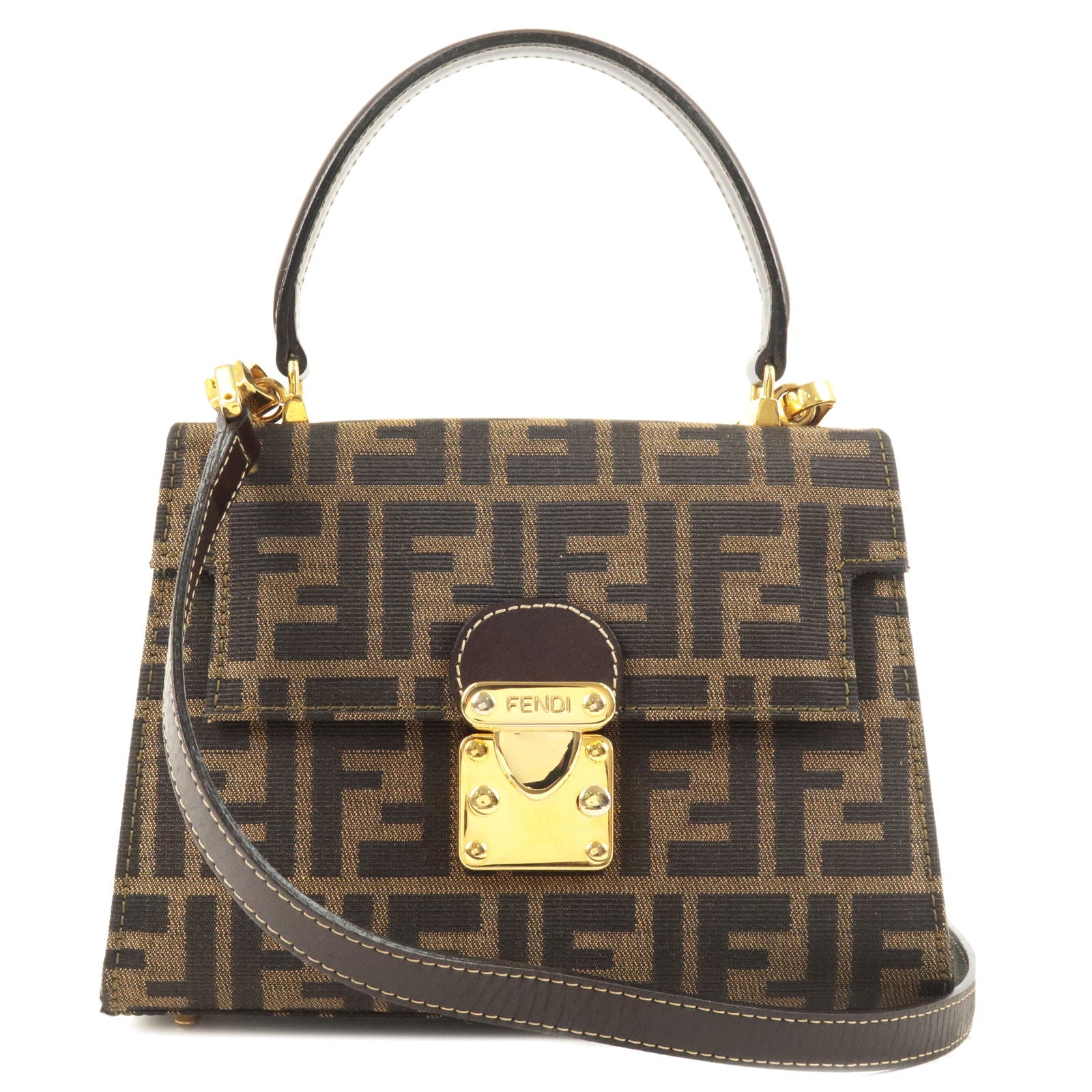 FENDI Zucca Canvas Leather 2Way Bag Hand Bag Brown Black 13820