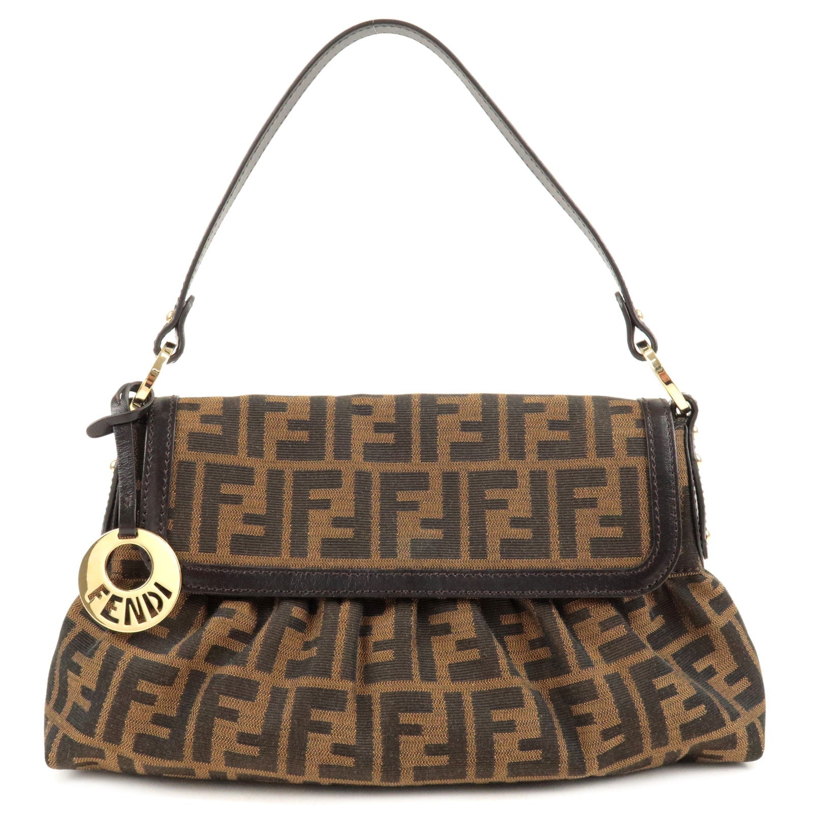 FENDI Zucca Canvas Leather Shoulder Bag Brown Black 8BR445