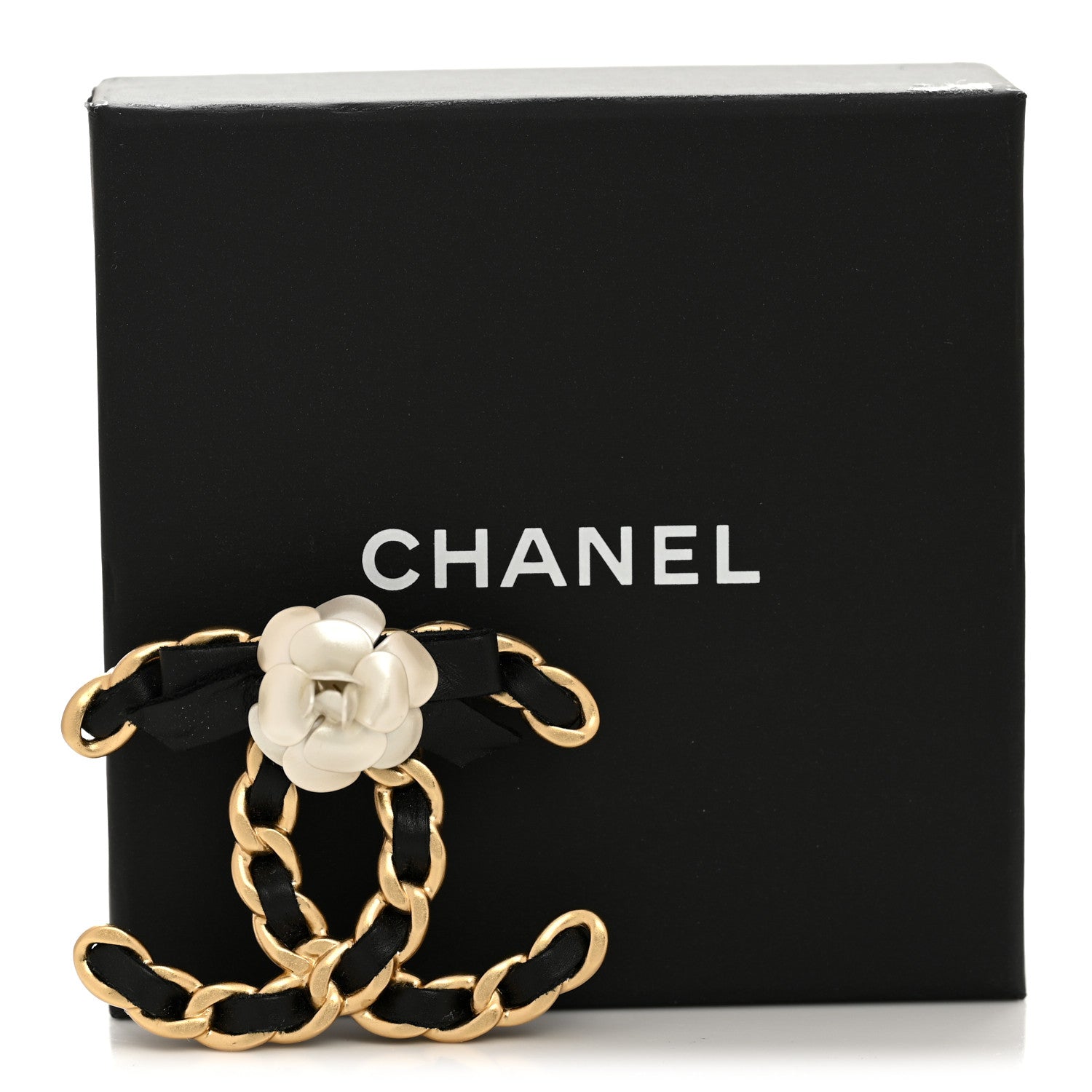 Lambskin Chain Camellia CC Brooch Black Gold