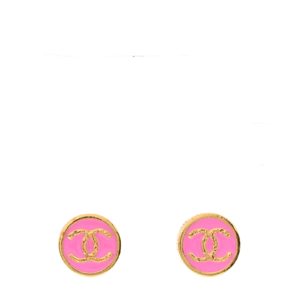 Metal Enamel CC Round Earrings Gold Pink
