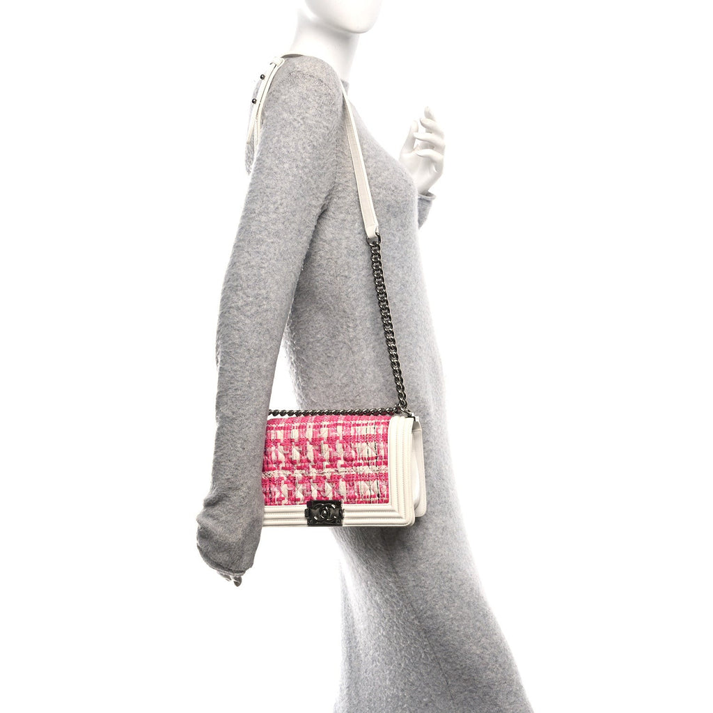 Chanel Patent Tweed Medium Boy Flap White