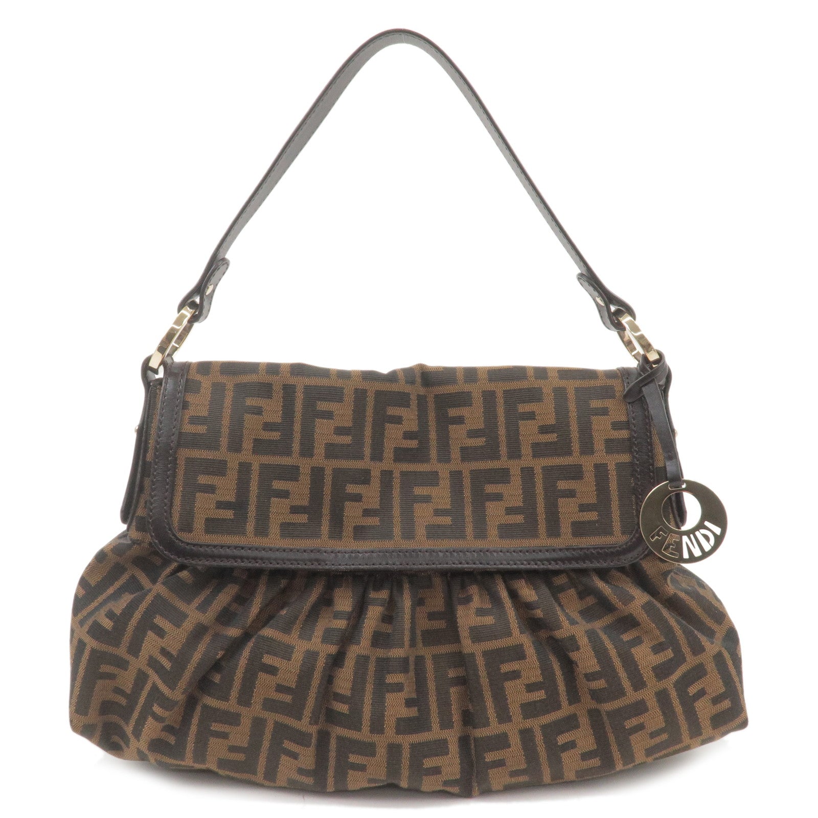 FENDI Zucca Canvas Leather Shoulder Bag Brown Black 8BR436