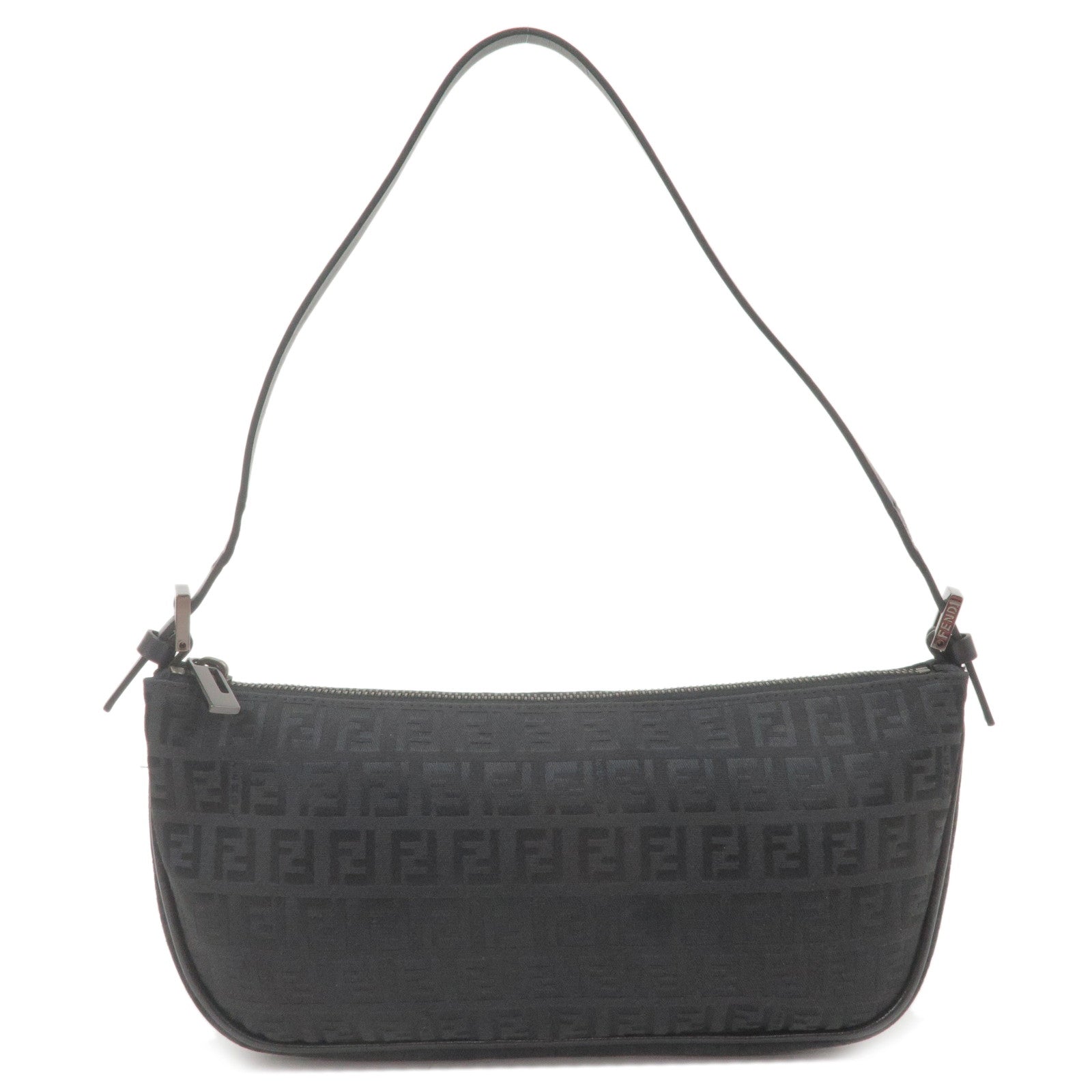FENDI Zucchino Canvas Leather Shoulder Bag Black 8BR1444
