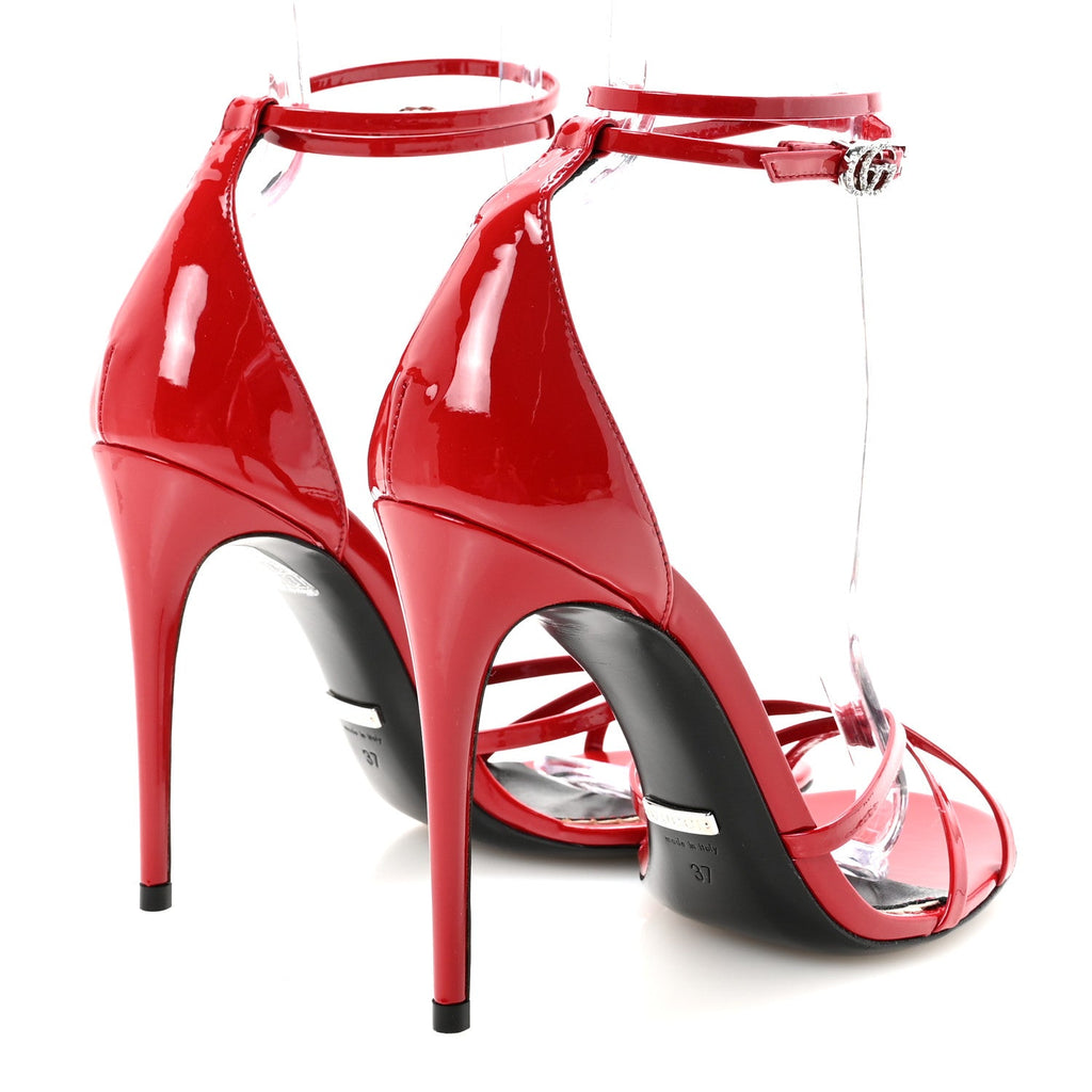 Gucci Patent Crystal Double G Ankle Wrap Sandals 37 Red