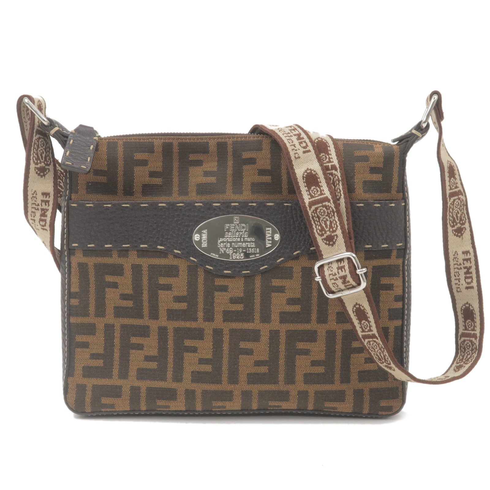 FENDI Zucca Selleria Canvas Leather Shoulder Bag Brown 8BT092