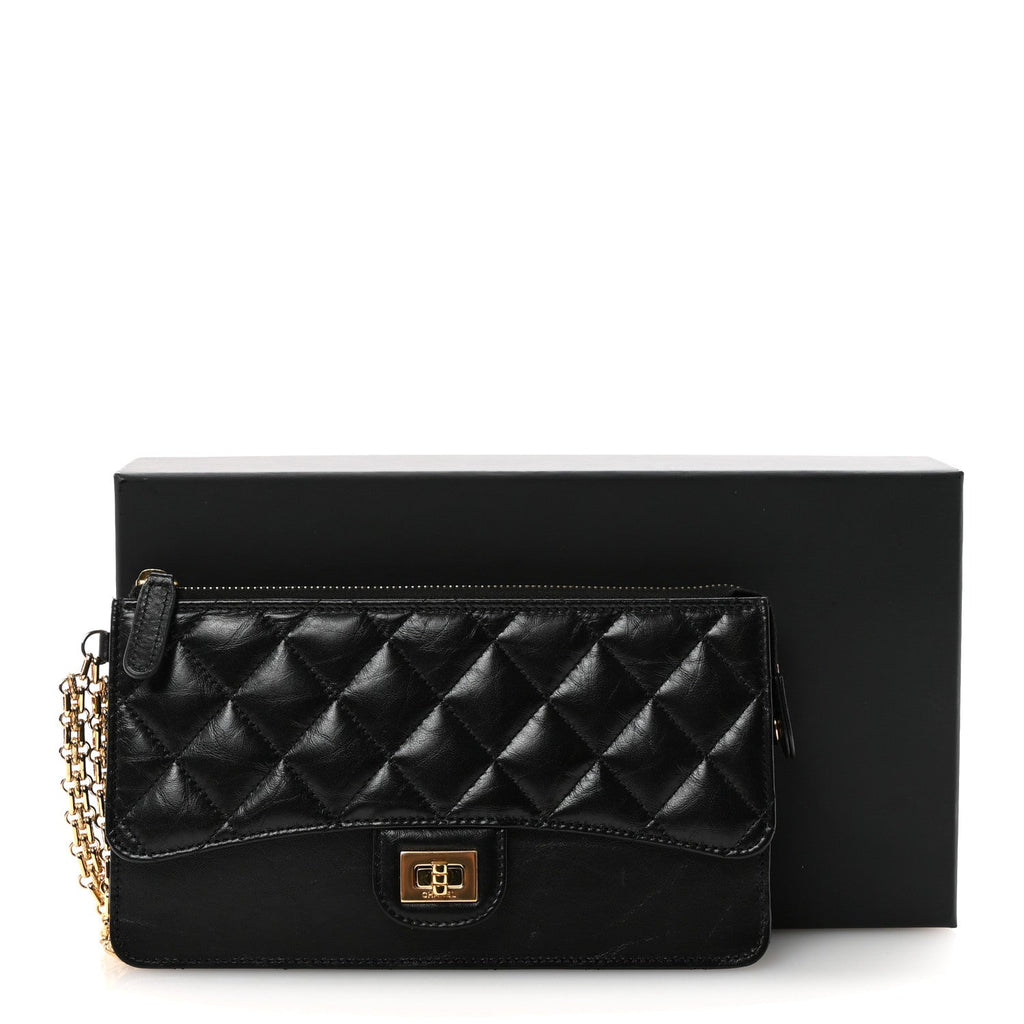 Aged Calfskin Quilted 2.55 Reissue Pouch With Chain Handle Black