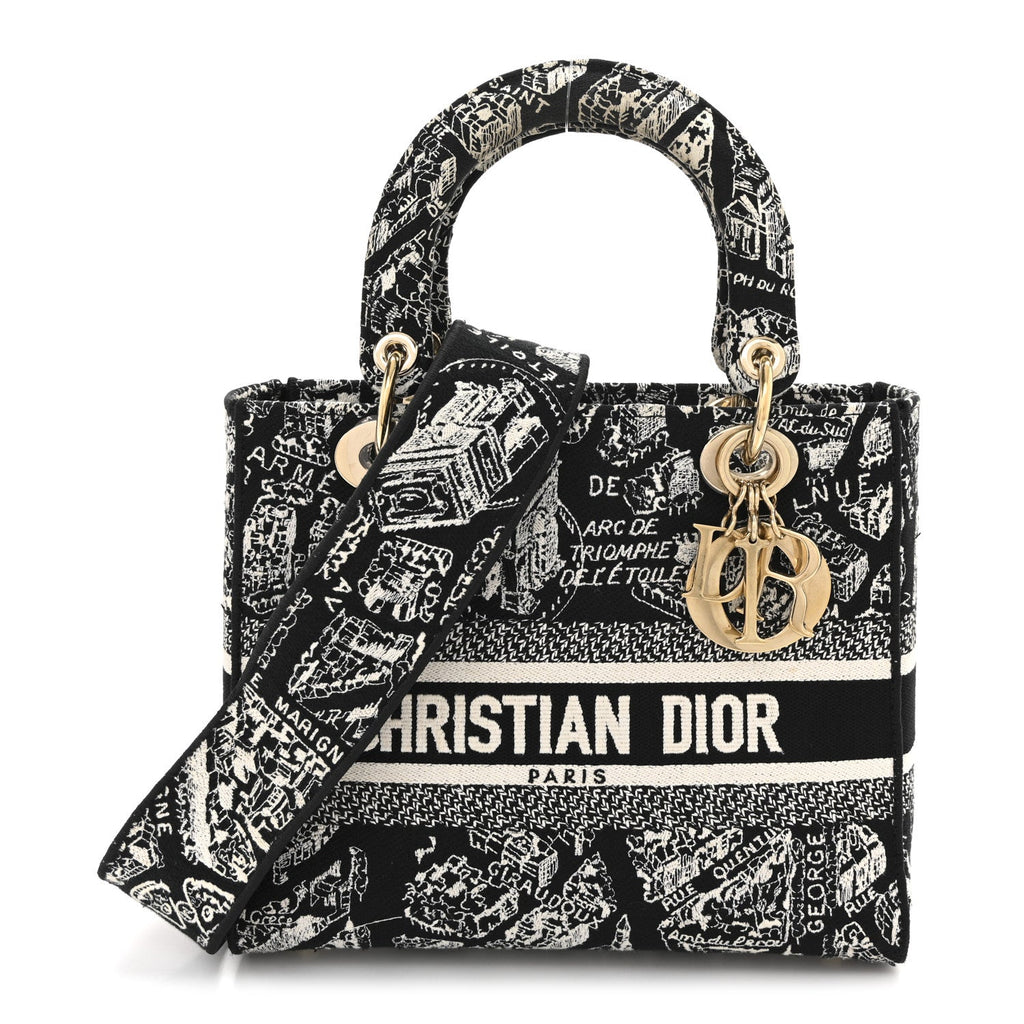 Christian Dior Canvas Embroidered Medium Plan de Paris Lady D-Lite Black White