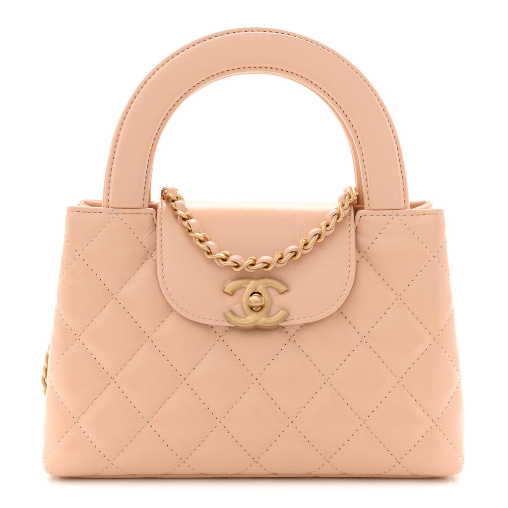 Chanel Shiny Aged Calfskin Quilted Nano Kelly Shopper Beige