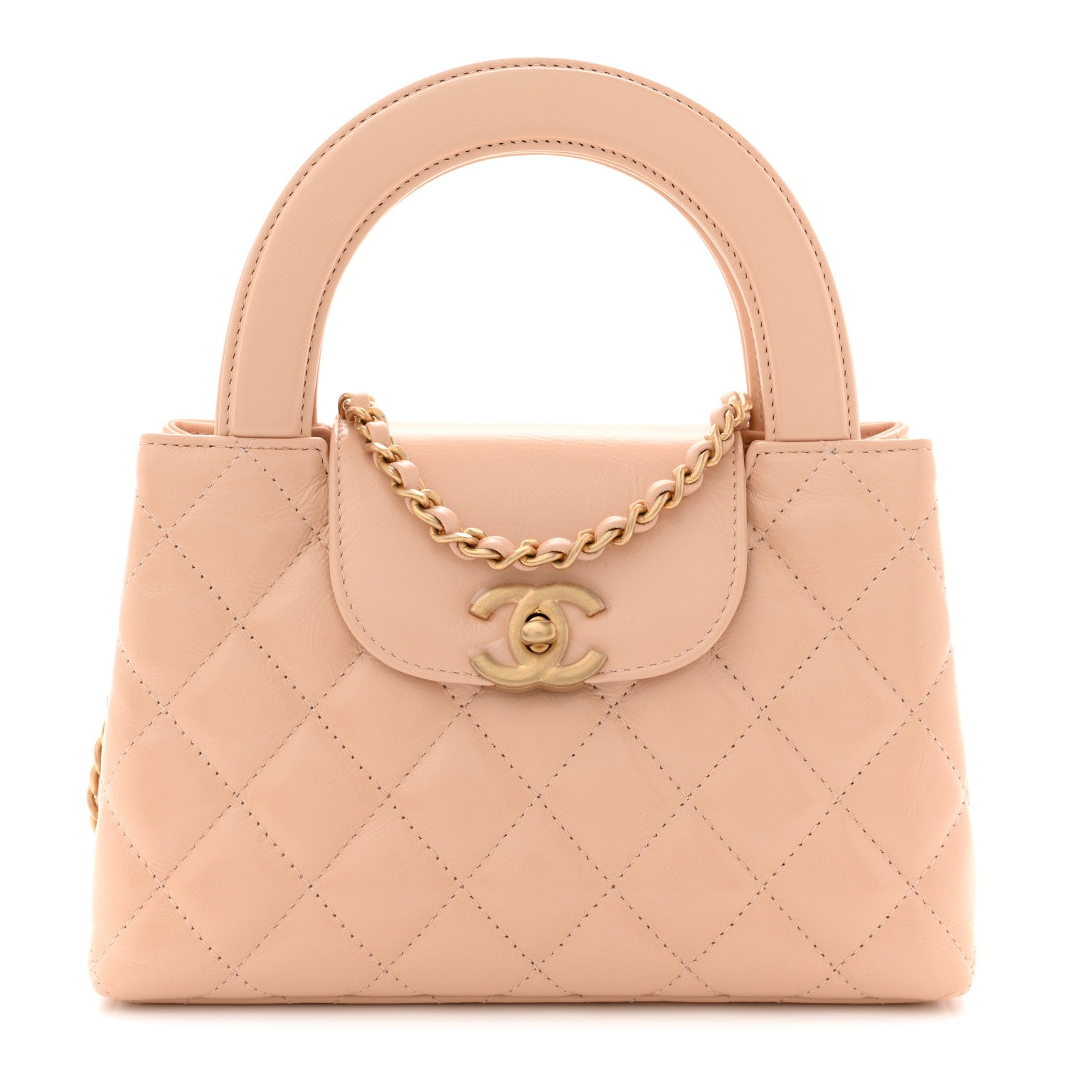 Chanel Shiny Aged Calfskin Quilted Nano Kelly Shopper Beige