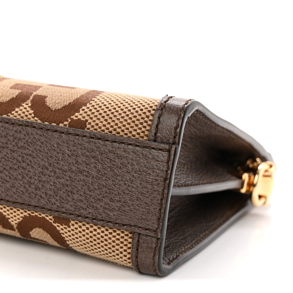 Gucci Monogram Jumbo GG Textured Dollar Calfskin Web Small Ophidia Chain Shoulder Bag Camel Ebony New Acero