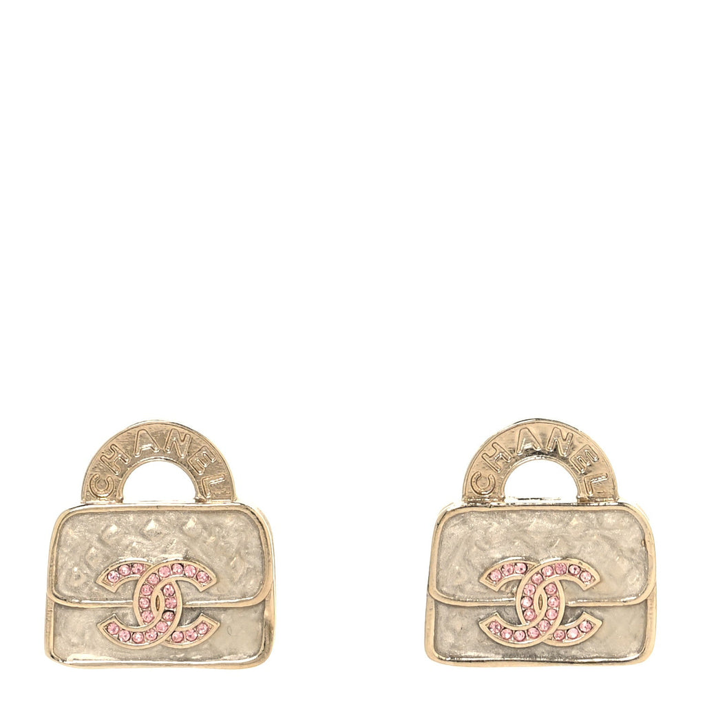 Metal Crystal Resin CC Top Handle Bag Clip On Earrings Pink White Gold