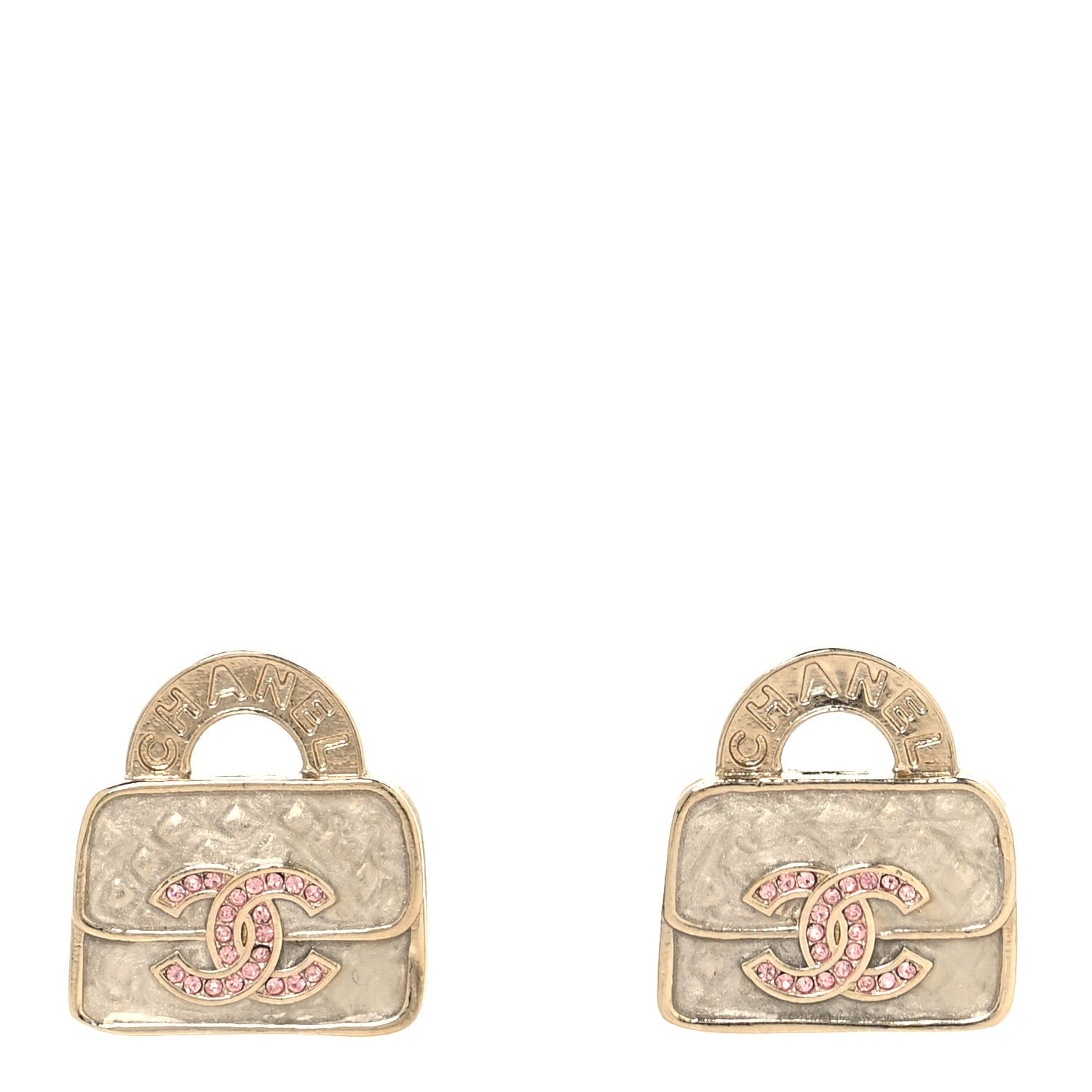 Metal Crystal Resin CC Top Handle Bag Clip On Earrings Pink White Gold
