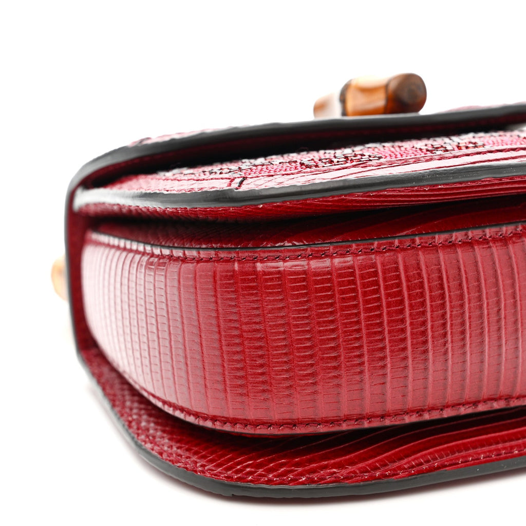 Gucci Moire Fabric Calfskin Rhinestone Monogram Monochrome Lizard Embossed Mini Bamboo 1947 Top Handle Chain Bag Red