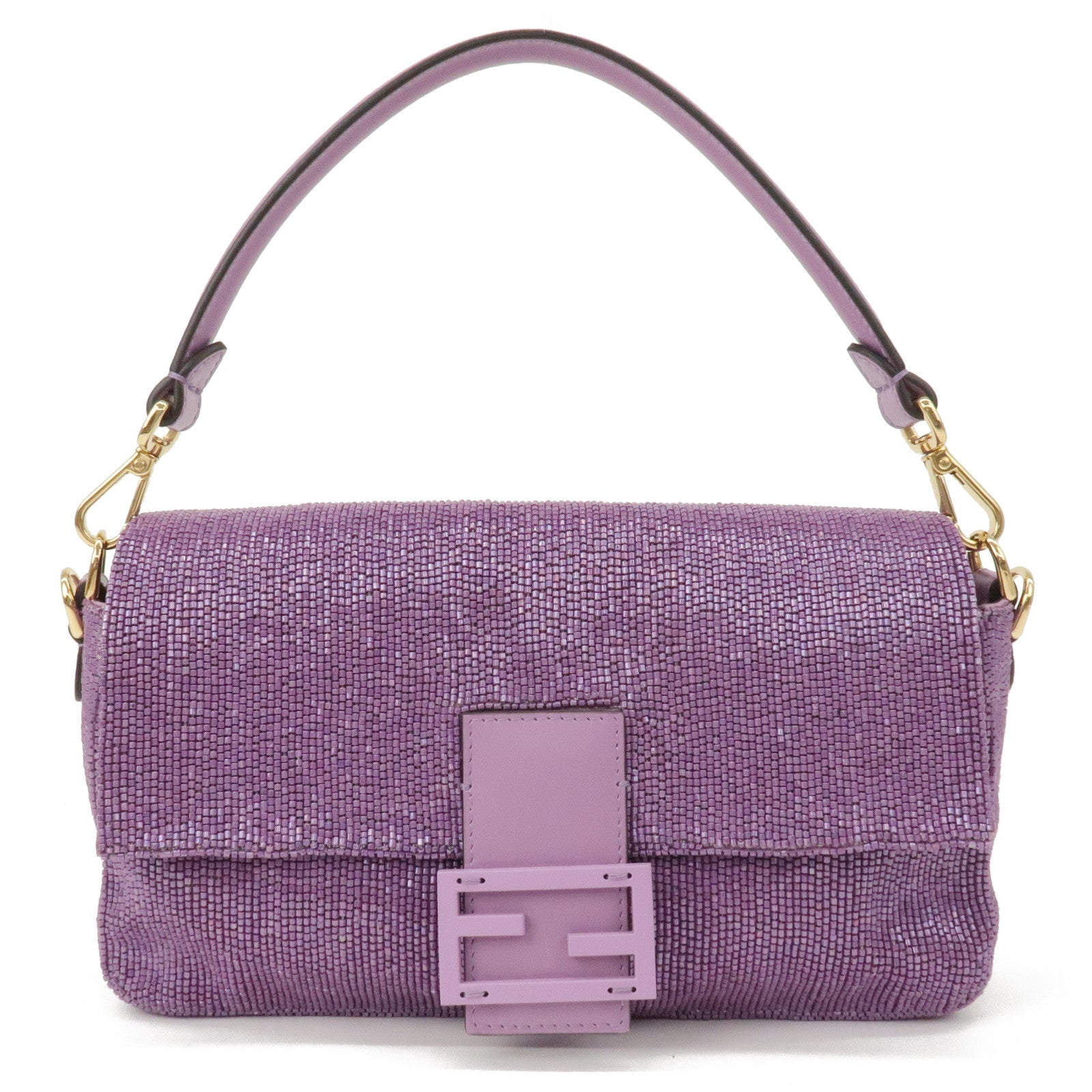 FENDI Zucca Mamma Baguette Beads Leather 2Way Bag Purple 8BR600