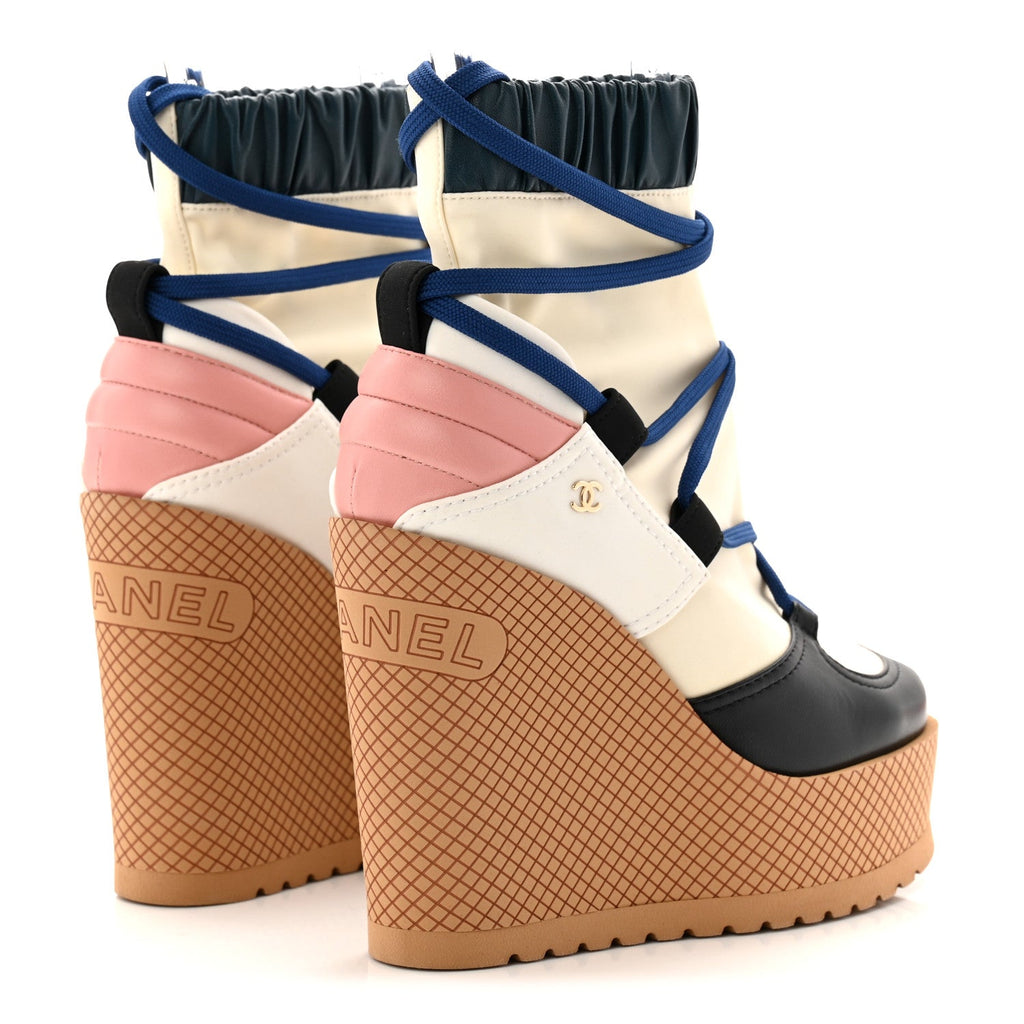Fabric Lambskin Calfskin Runway Wedge Short Platform Boots 36 Blue White Pink