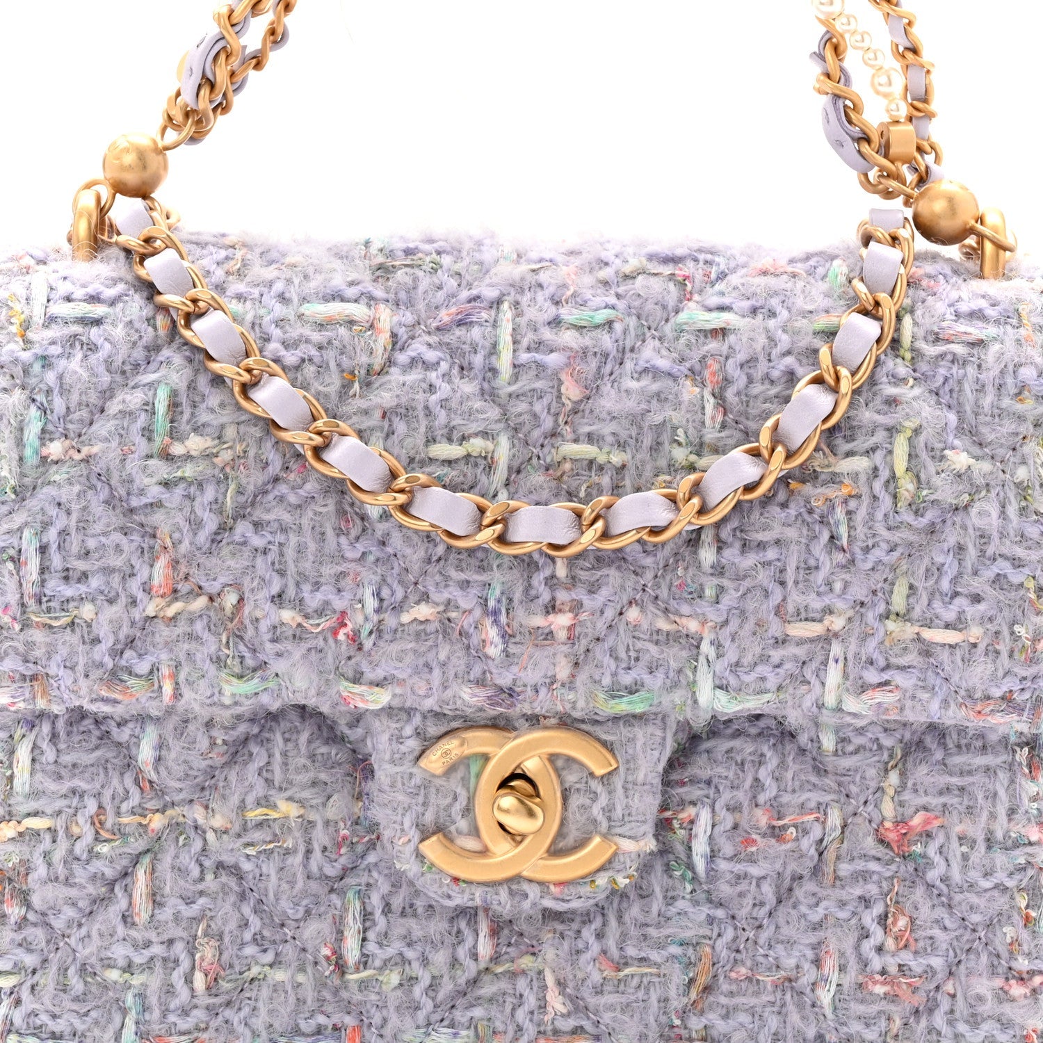Chanel Tweed Quilted Pearl Twist Mini Rectangular Flap Purple