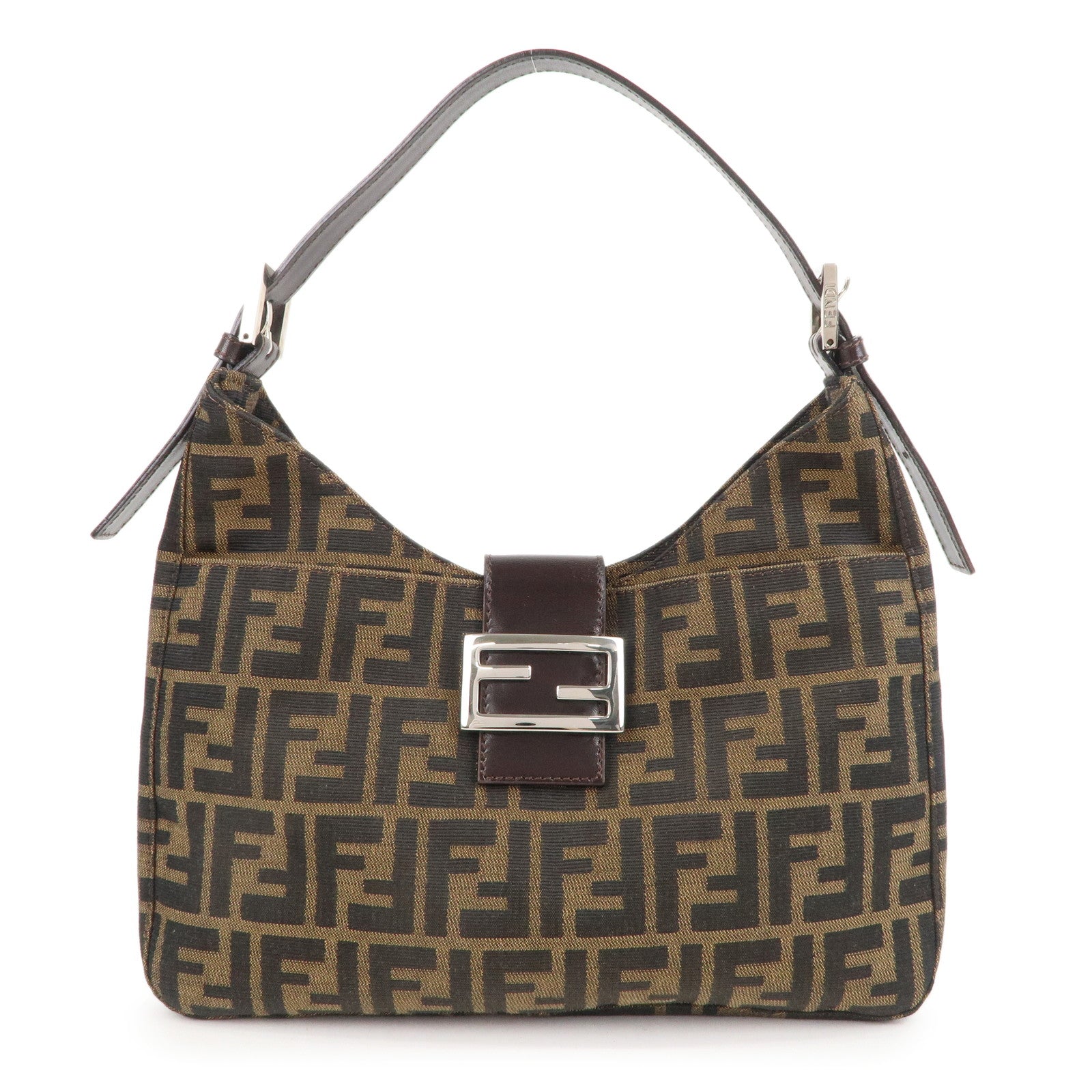 FENDI Zucca Canvas Leather Shoulder Bag Brown Black 26569