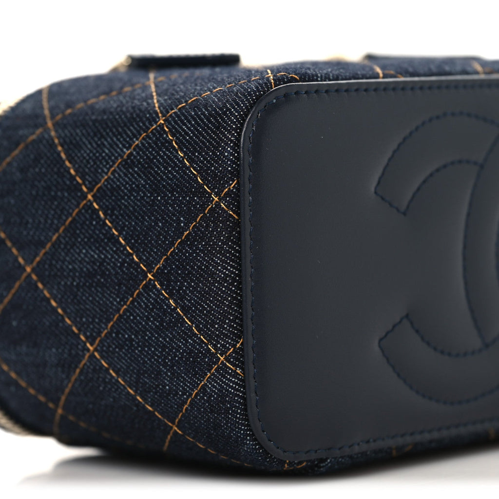 Chanel Denim Quilted Vanity Case With Chain Dark Blue