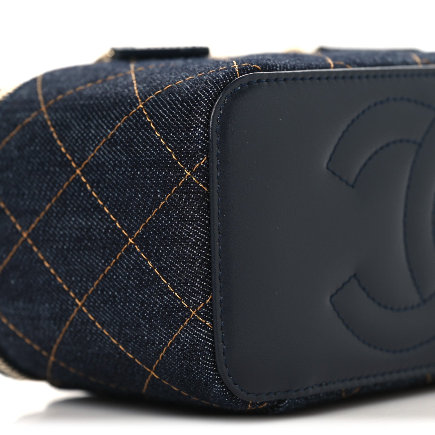 Chanel Denim Quilted Vanity Case With Chain Dark Blue
