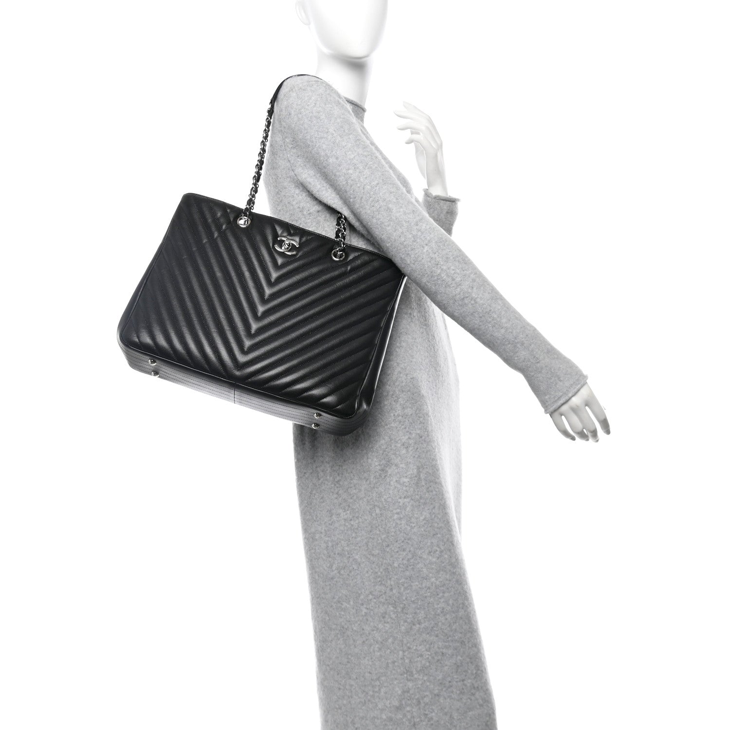 Chanel Caviar Chevron Quilted Large Shopping Tote Tote Black