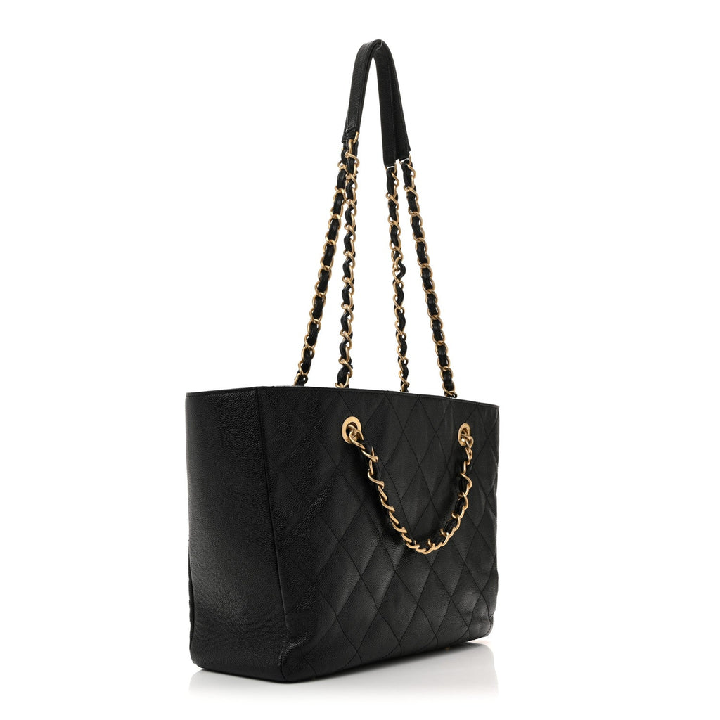 Chanel Caviar Quilted Small Trapezoid Chain Shopping Tote Black