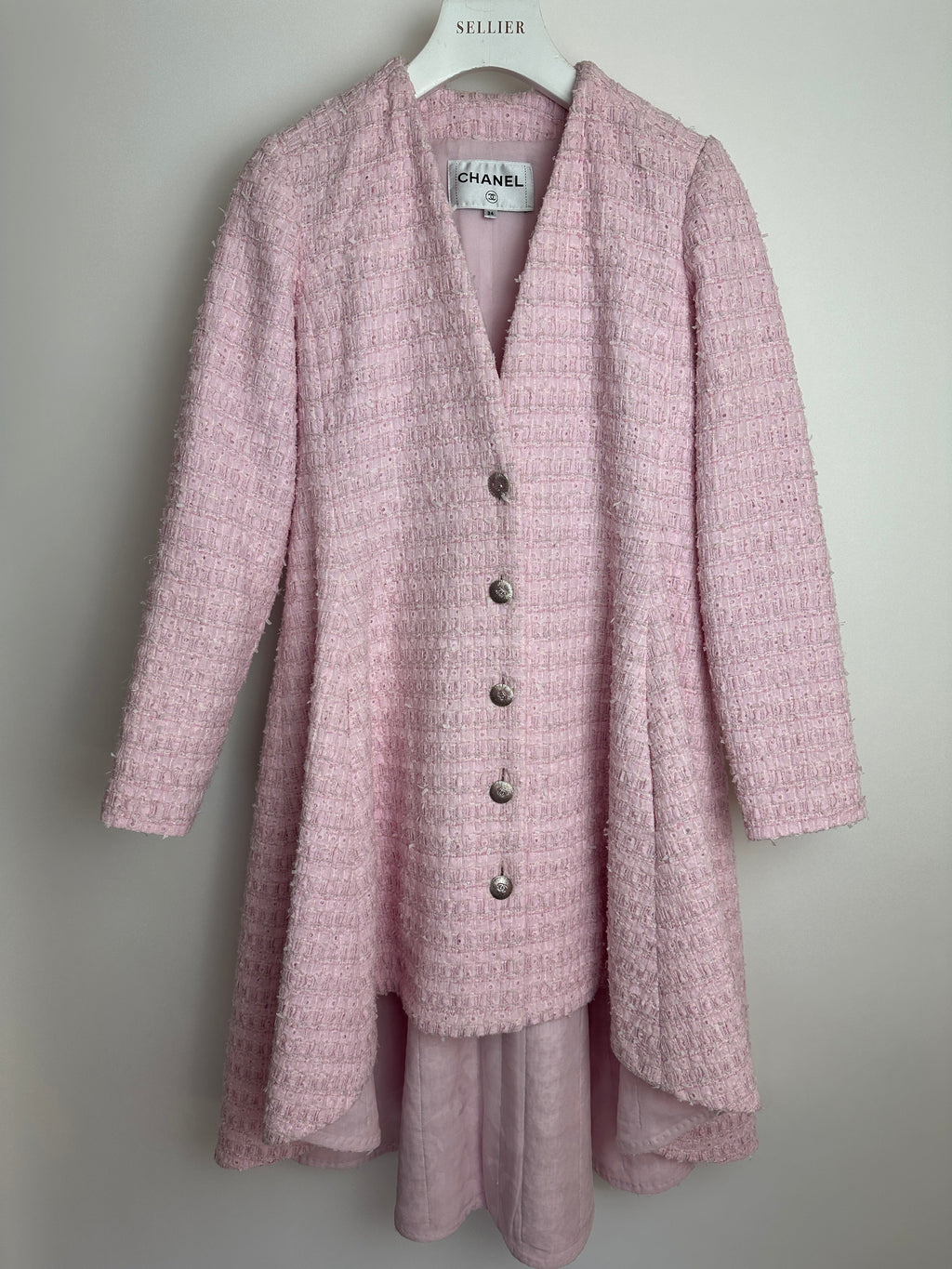*HOT* Chanel 24S Pink Tweed Long Sleeve A-Line Asymmetric Mini Dress with Silver and Pink Logo Button Details Detail FR 34 (UK 6) RRP £11,650