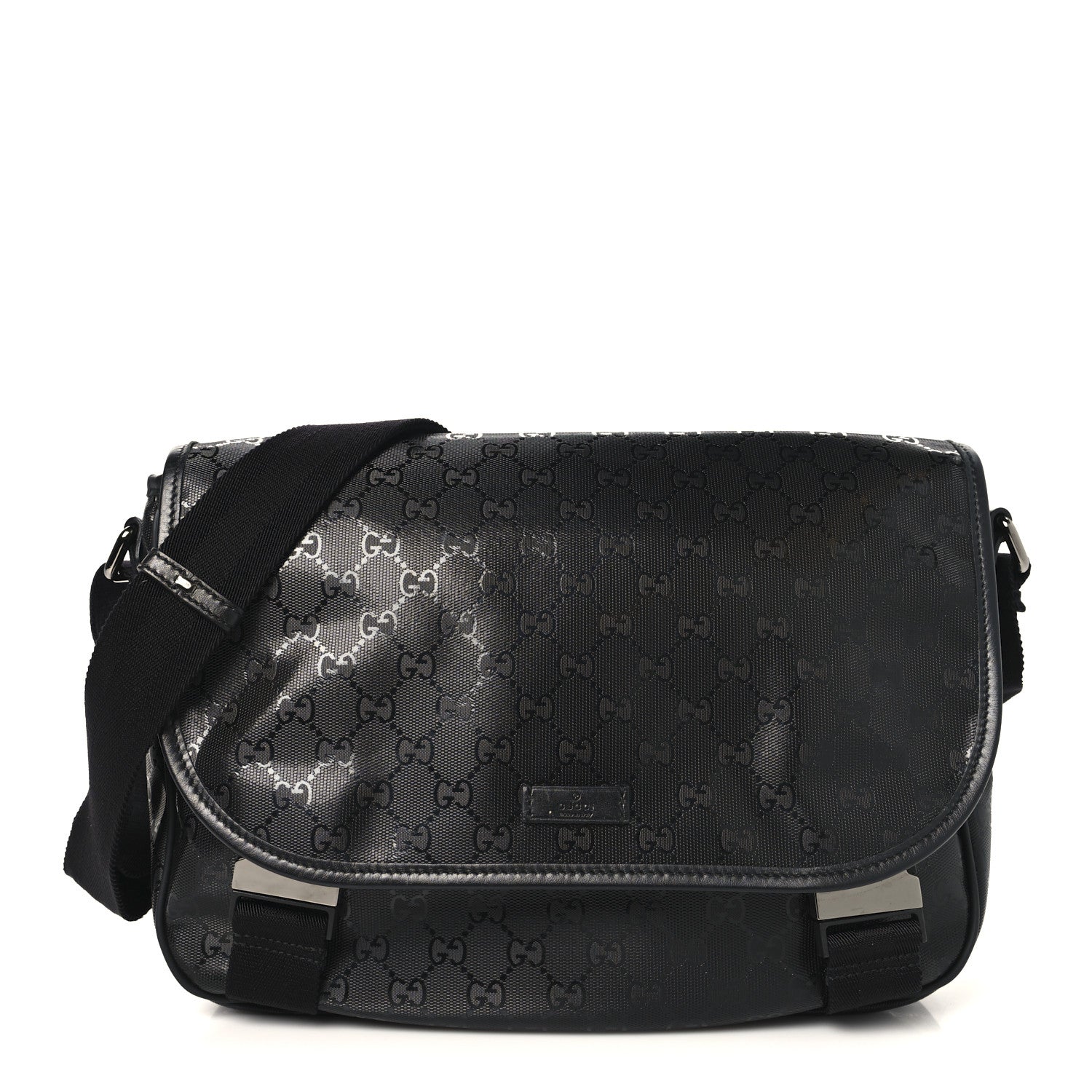 Gucci Imprime Monogram Medium Double Buckle Flap Messenger Bag Black