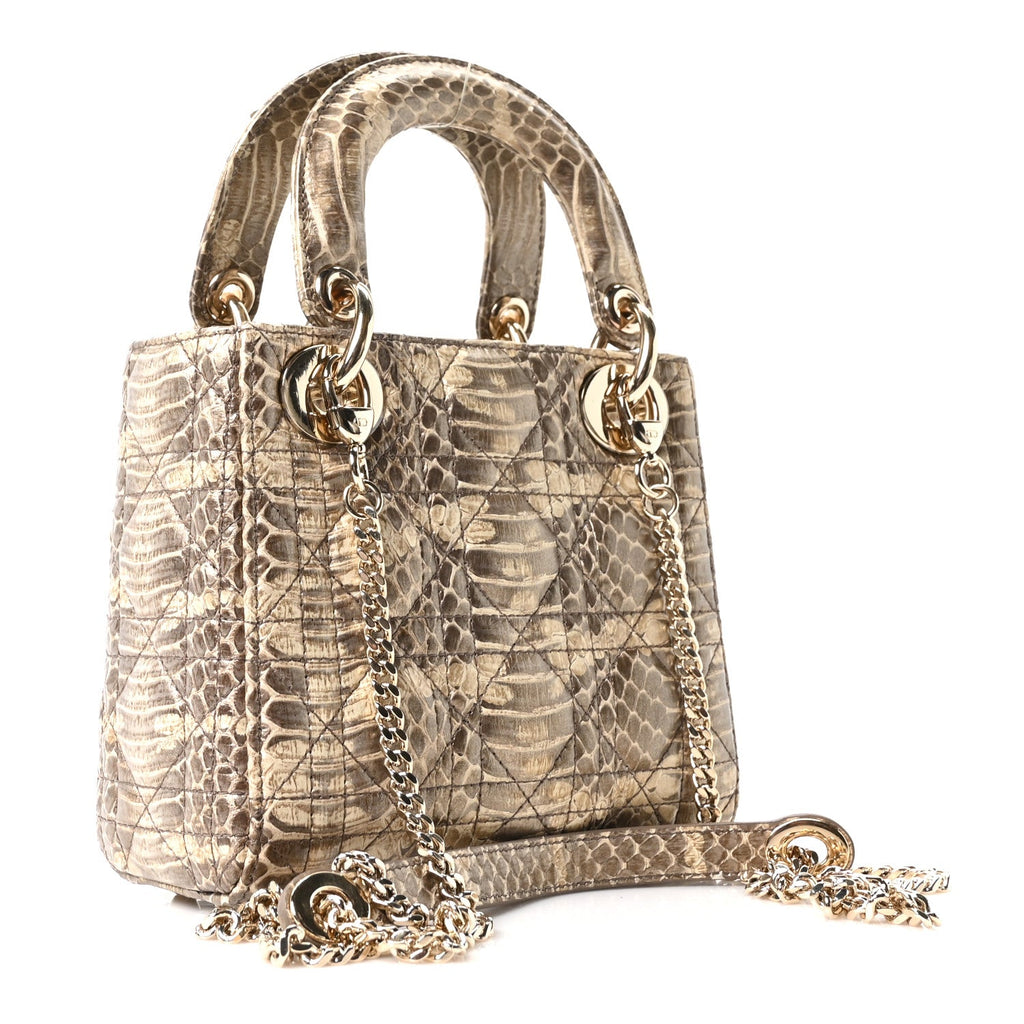 Christian Dior Metallic Snakeskin Cannage Mini Lady Dior Beige