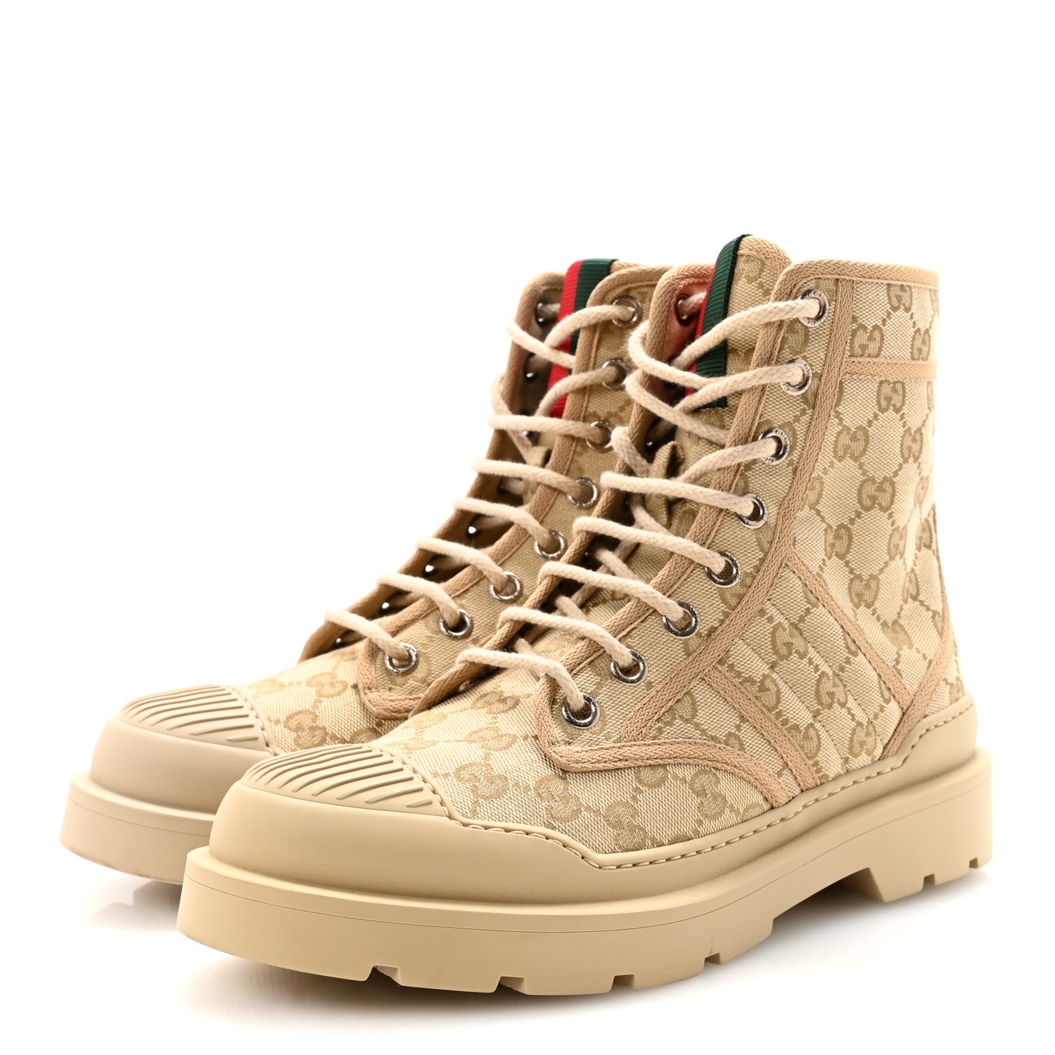 Gucci GG Monogram Web Mens Lug Sole Ankle Boots 7.5 New Sand