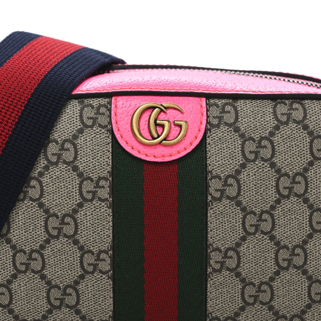 Gucci GG Supreme Monogram Textured Dollar Calfskin Web Ophidia Small Crossbody Bag Beige Ebony Fuchsia