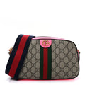 Gucci GG Supreme Monogram Textured Dollar Calfskin Web Ophidia Small Crossbody Bag Beige Ebony Fuchsia