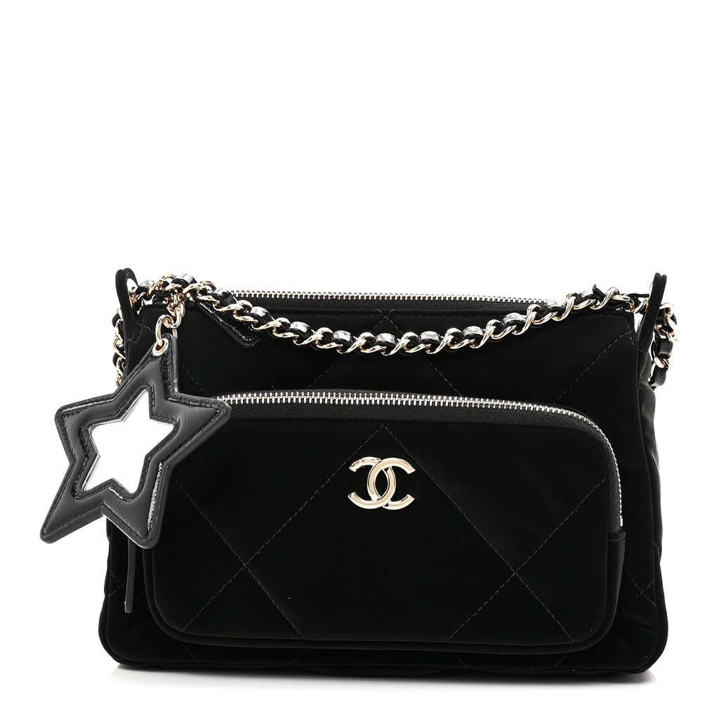 Chanel Velvet Effect Nylon Shiny Crumpled Calfskin Quilted Chanel 25 Clutch With Chain Black