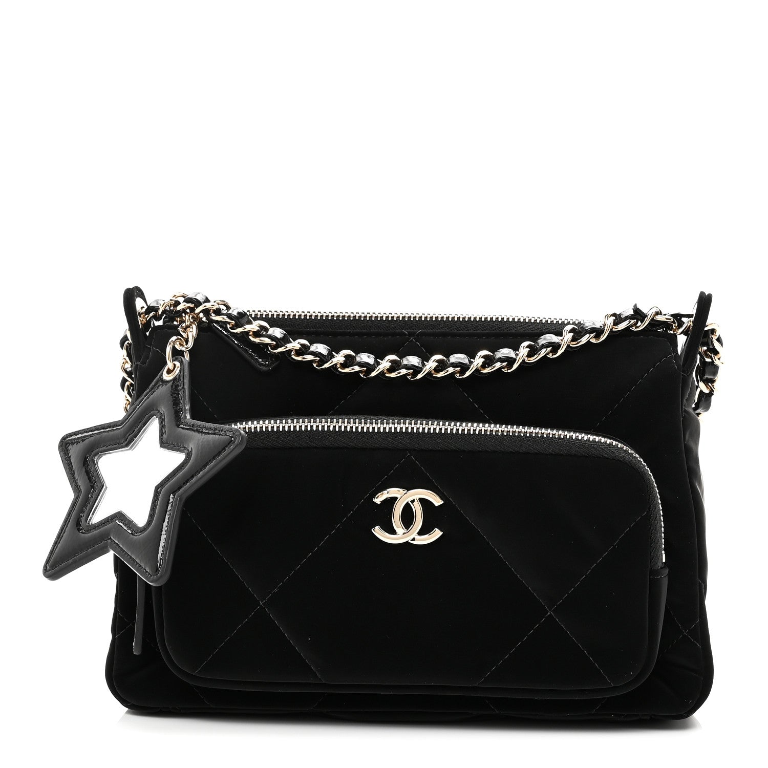Chanel Velvet Effect Nylon Shiny Crumpled Calfskin Quilted Chanel 25 Clutch With Chain Black