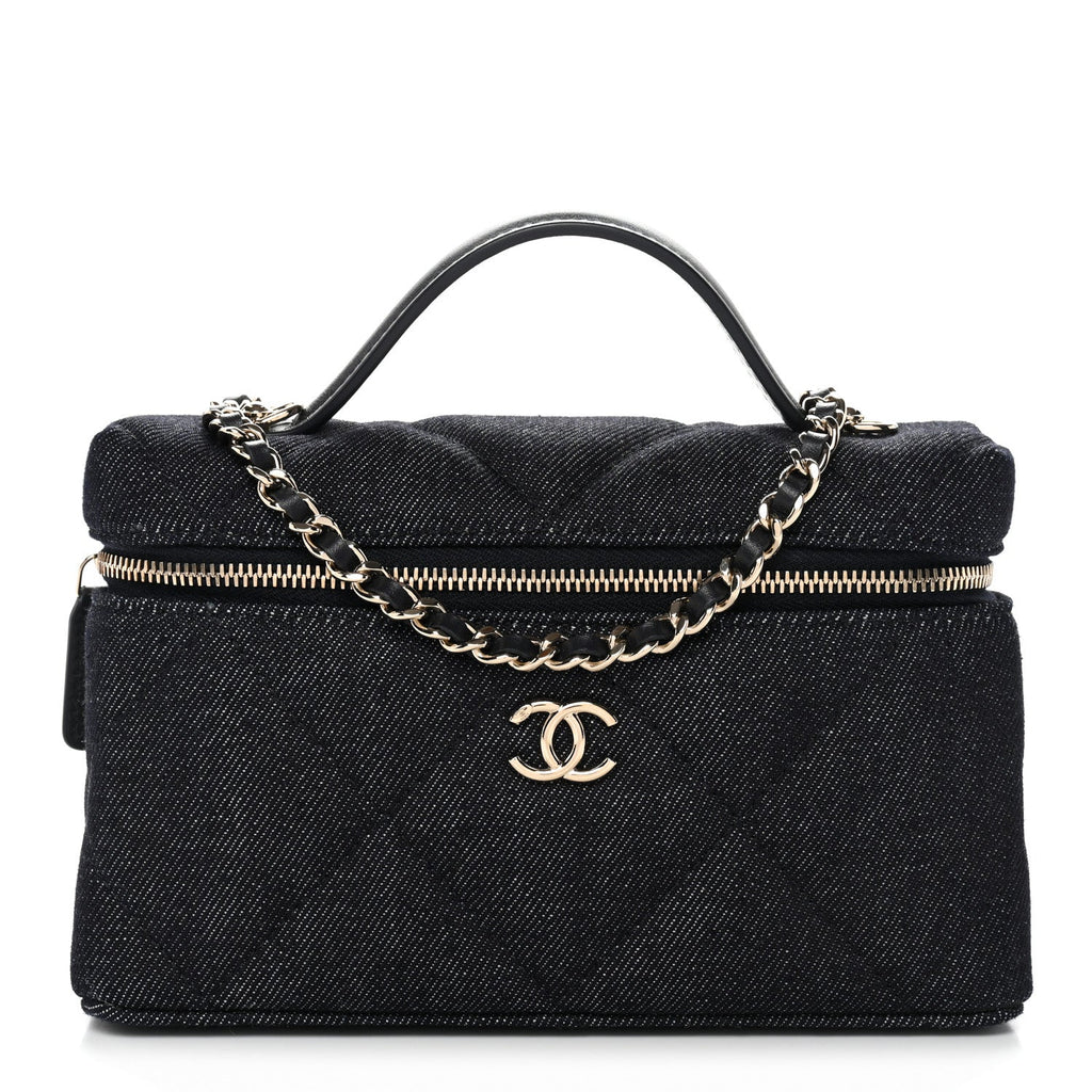 Chanel Denim Quilted Top Handle Slim Vanity Case With Chain Dark Blue