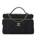 Chanel Denim Quilted Top Handle Slim Vanity Case With Chain Dark Blue