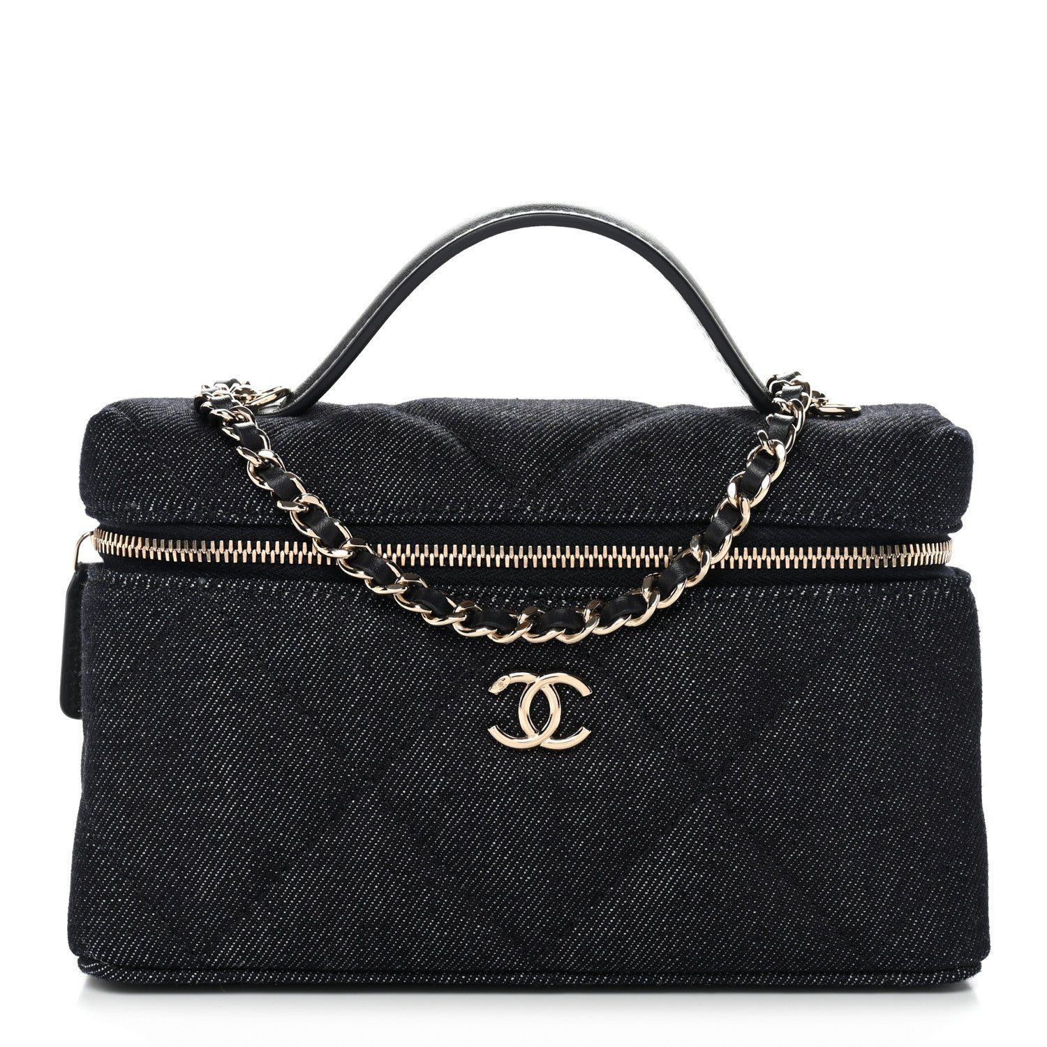 Chanel Denim Quilted Top Handle Slim Vanity Case With Chain Dark Blue