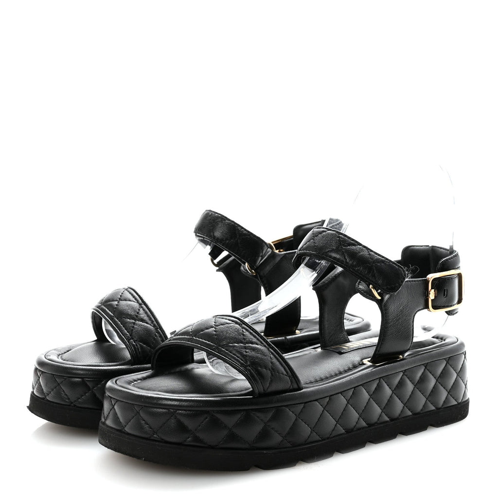 Lambskin Quilted Platform Sandals 37 Black