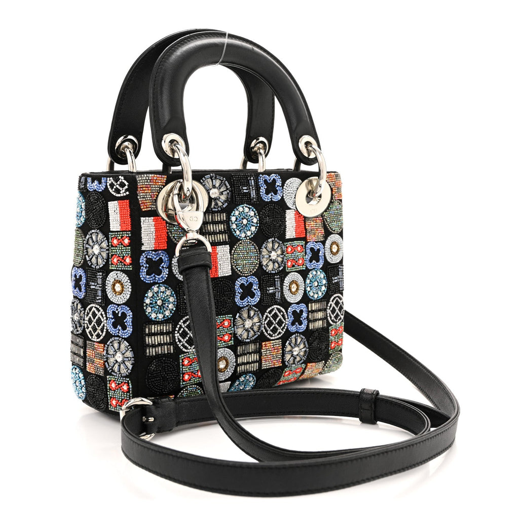 Christian Dior Satin Lambskin Embroidered Beaded Mini Lady Dior Black Multicolor