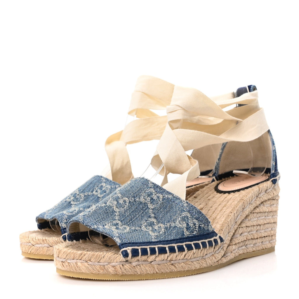 Gucci New Denim GG Monogram Pilar Ankle Wrap Espadrille Wedge Sandals 36.5 Light Blue
