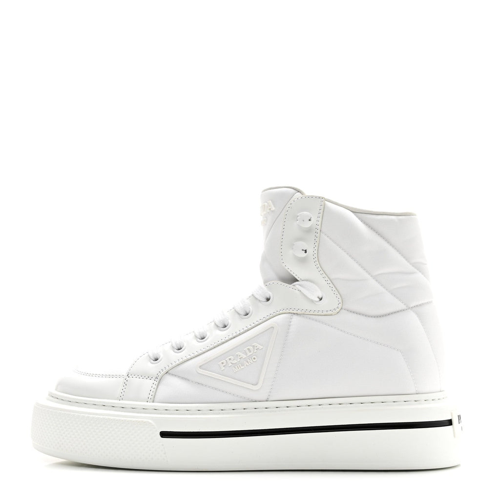 Prada Re-Nylon Gabardine Spazzolato Macro Quilted Triangle Logo High Top 45mm Sneakers 38.5 White