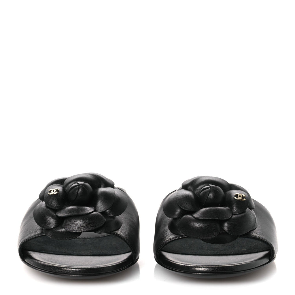 Lambskin Camellia Sandal Mules 37.5 Black