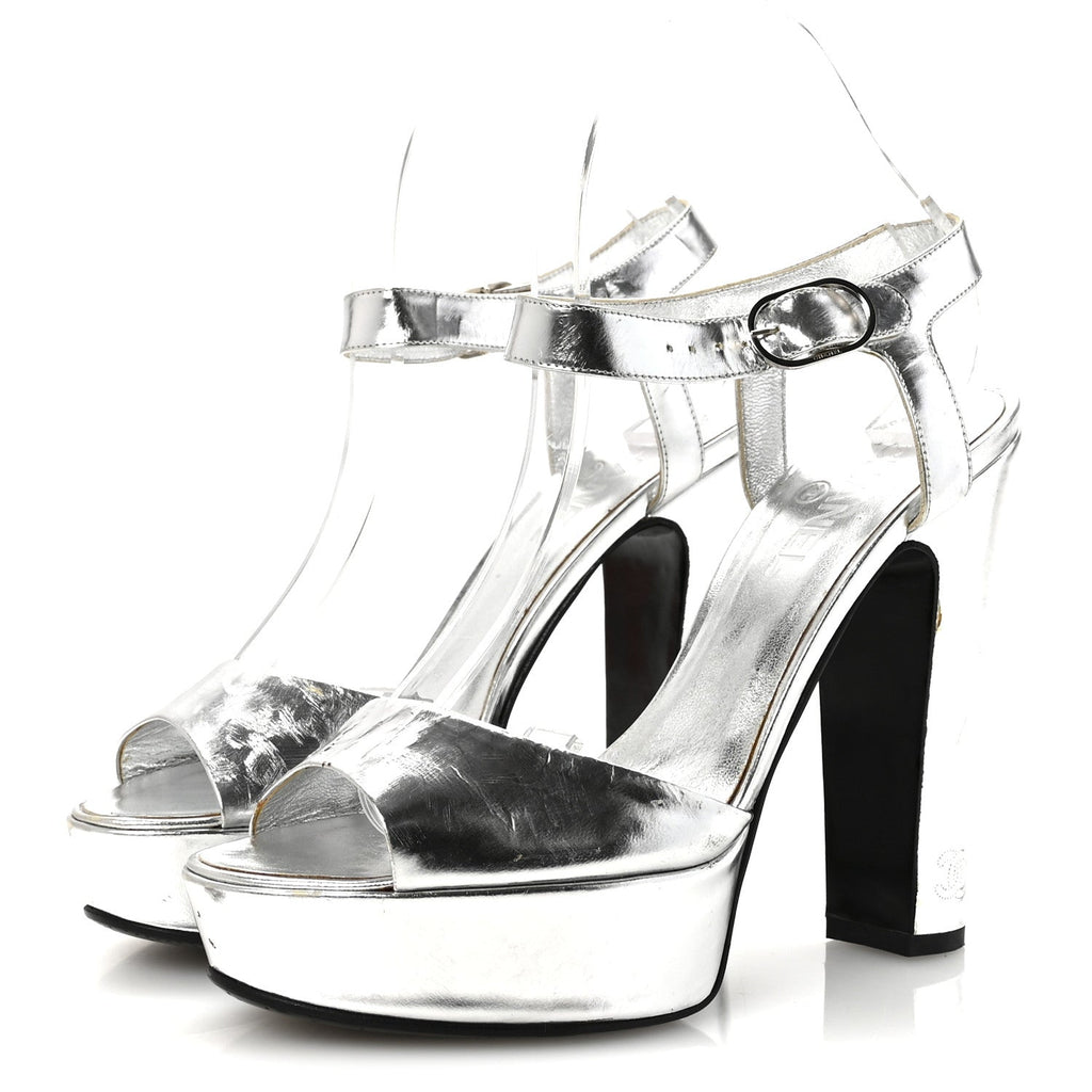 Metallic Laminated Calfskin CC Platform Sandals 40 Silver
