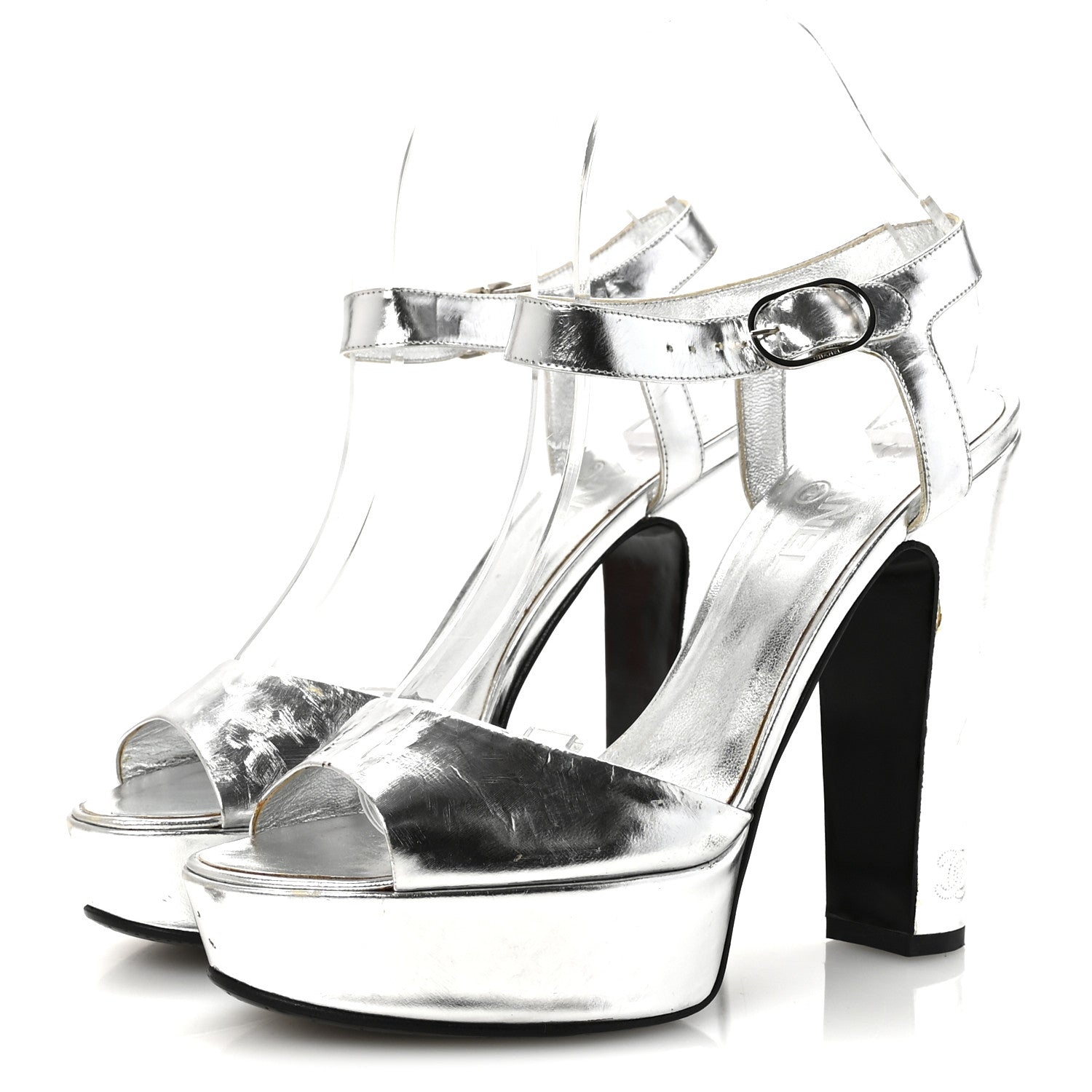 Metallic Laminated Calfskin CC Platform Sandals 40 Silver