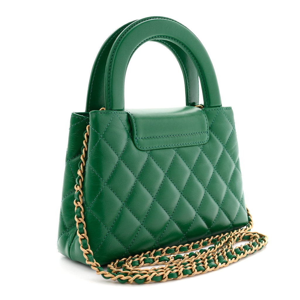 Chanel Shiny Aged Calfskin Quilted Nano Kelly Shopper Green