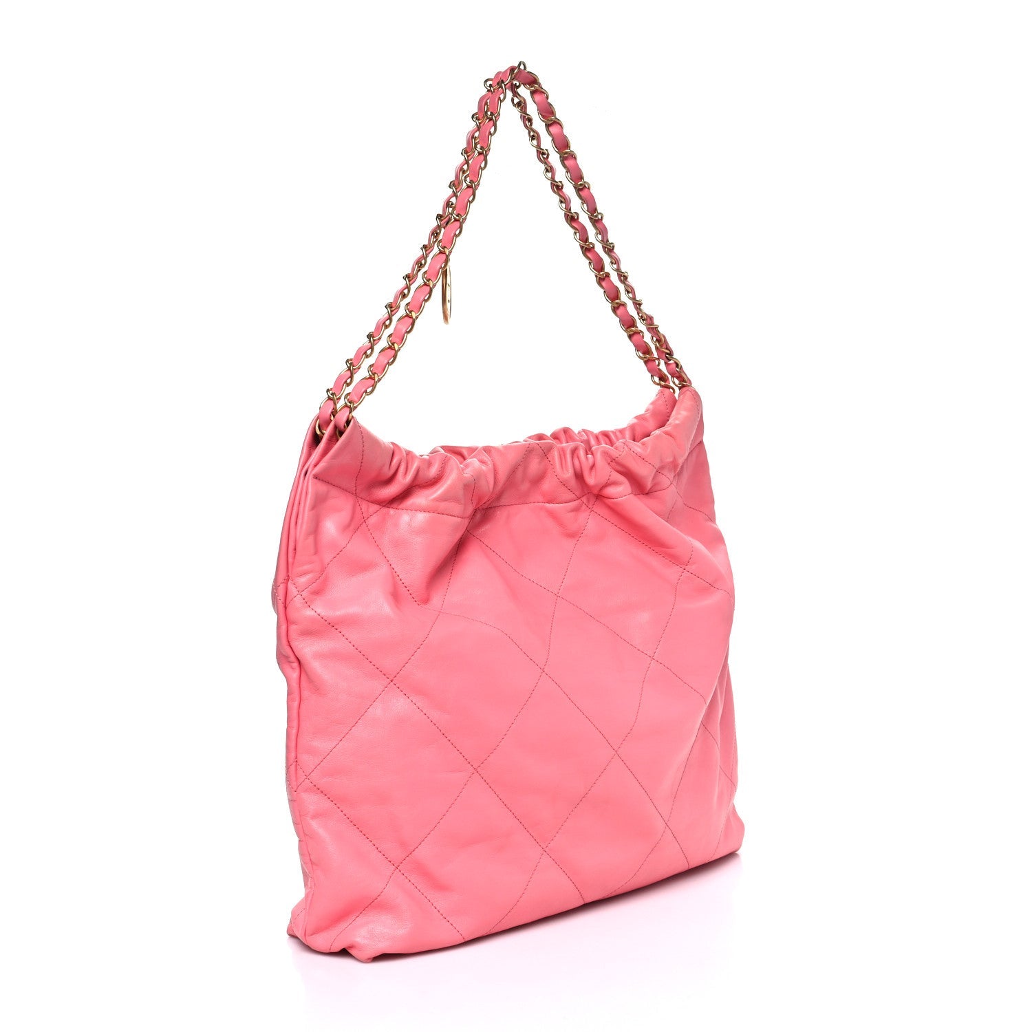 Chanel Shiny Calfskin Quilted Chanel 22 Drawstring Bag Coral Pink