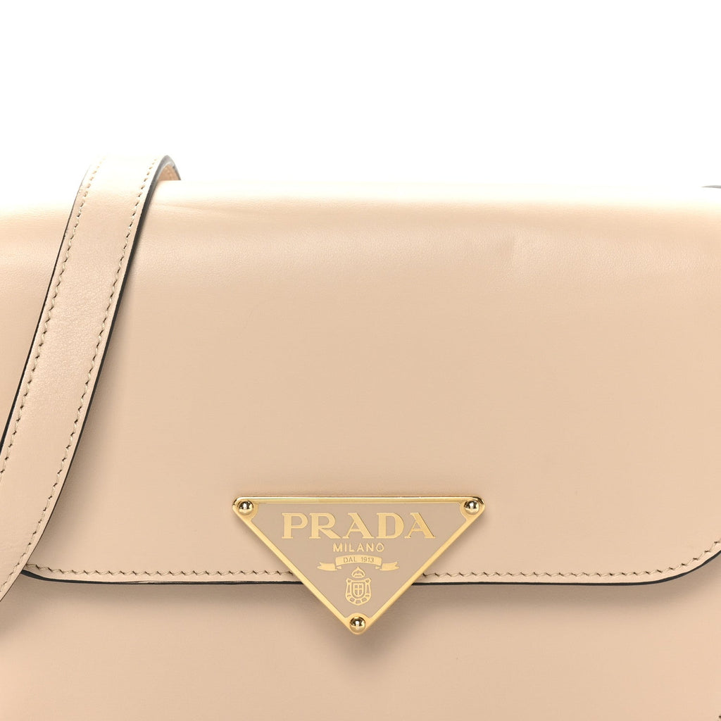 Prada Box Calfskin Triangle Embleme Flap Shoulder Bag Sabbia