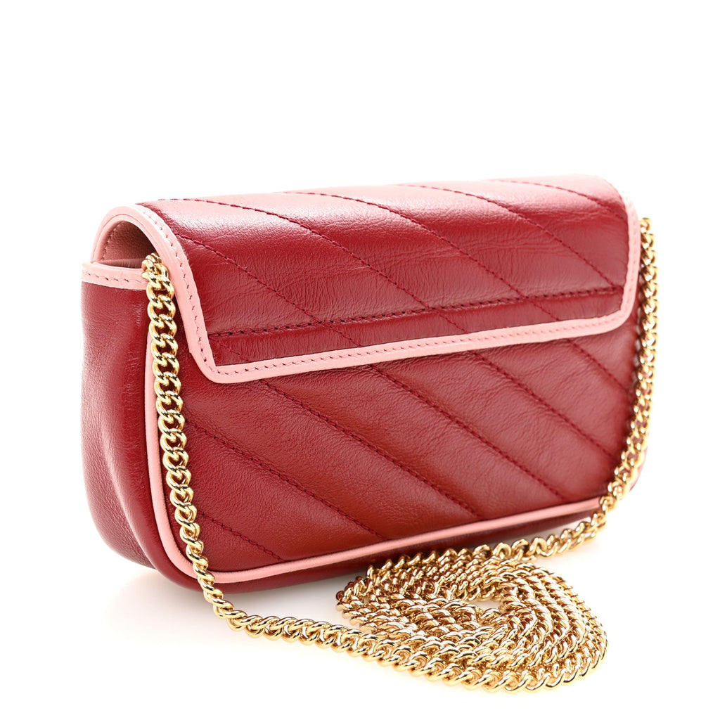 Gucci Azalea Calfskin Enamel Matelasse Diagonal Super Mini Torchon GG Marmont Shoulder Bag New Cherry Red Wild Rose