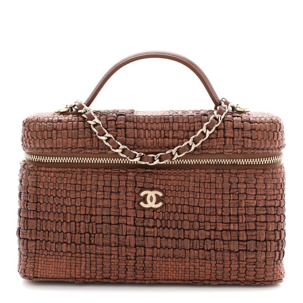 Chanel Braided Raffia Quilted Top Handle Slim Vanity With Chain Brown